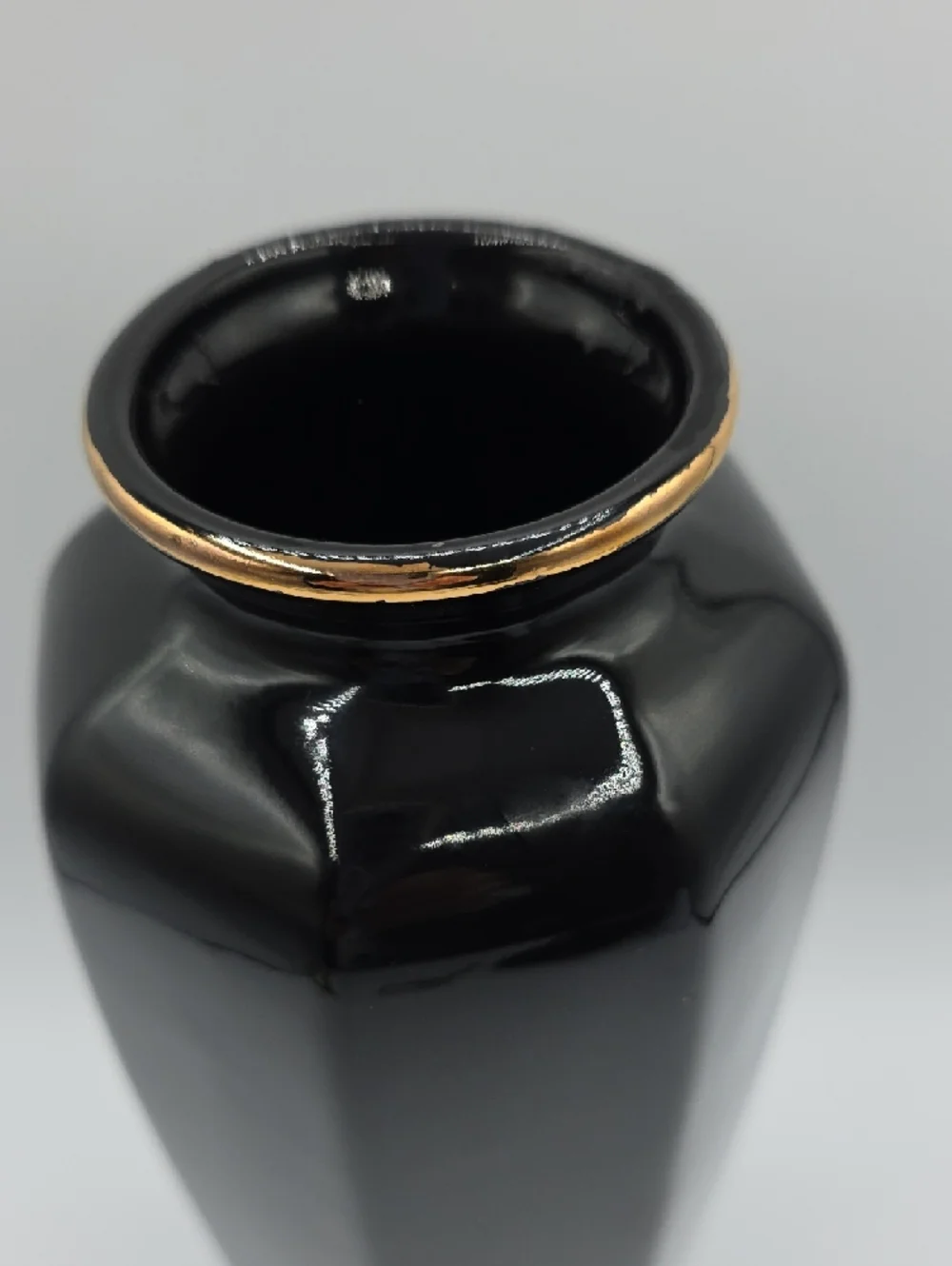 Large Black Porcelain Vase with Gold and Floral Detail | Vintage